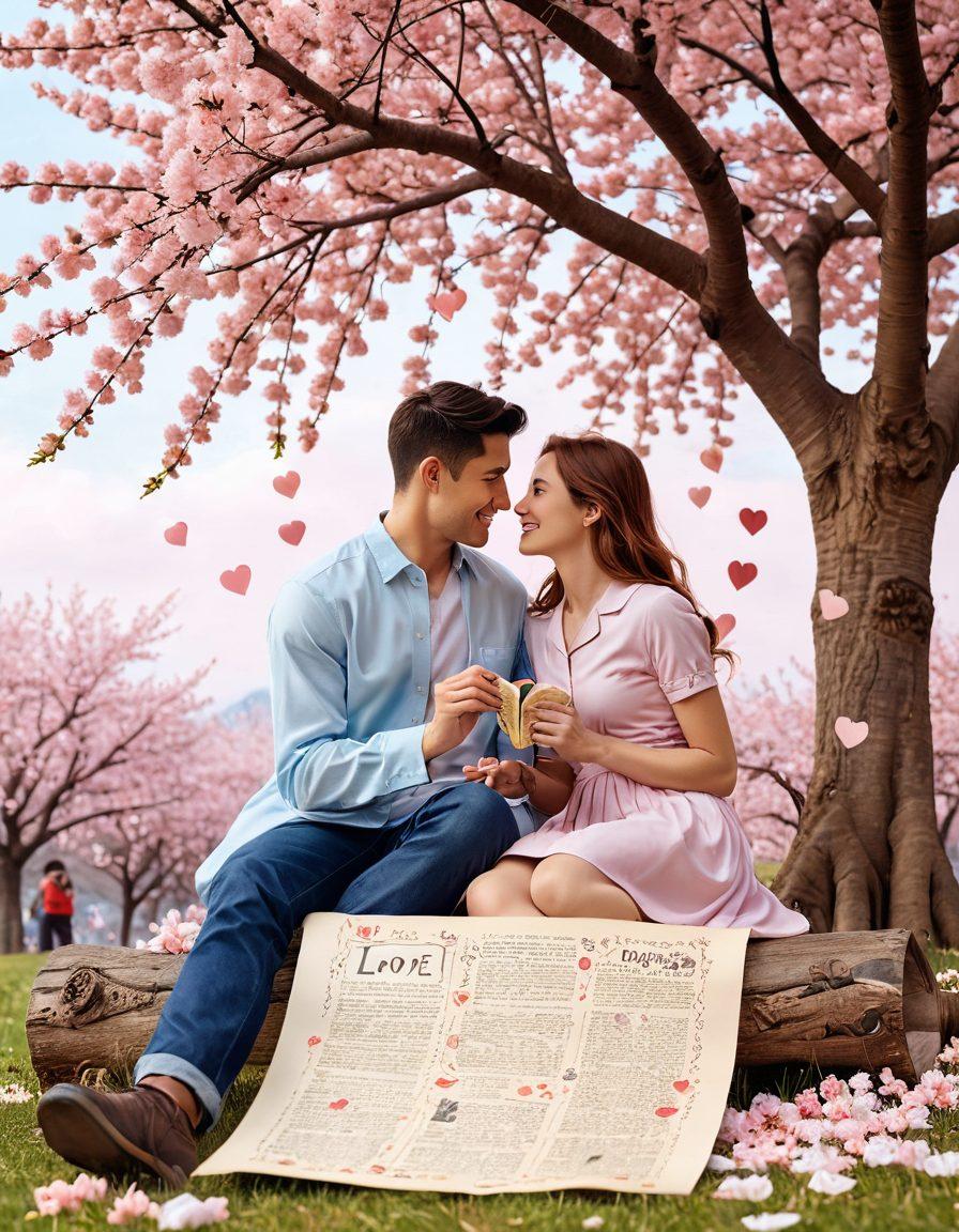 A romantic scene featuring a couple happily exploring a vintage love insurance policy scroll under a blooming cherry blossom tree. Surrounding them are playful icons of hearts, keys, and shields symbolizing love protection. The background should have soft pastel colors to evoke warmth and affection, while the couple appears joyful and carefree. super-realistic. vibrant colors. soft focus.