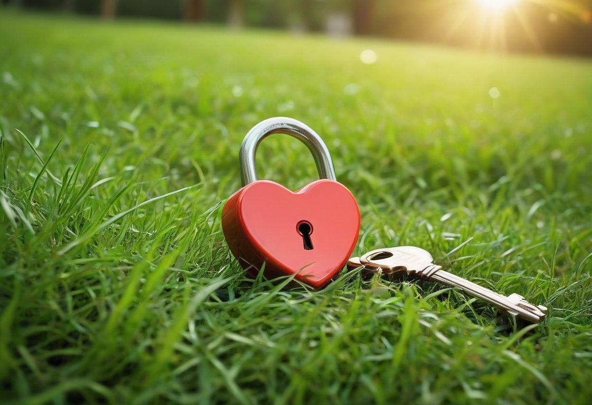 A heart-shaped lock and key sitting on a bed of lush green grass, symbolizing the protection and security of love through relationship insurance. In the background, a couple is walking hand in hand, exuding happiness and trust. Soft sunlight filters through the trees, illuminating the scene and creating a warm, inviting atmosphere. The imagery conveys strong emotions of love, safety, and stability. vibrant colors. super-realistic.