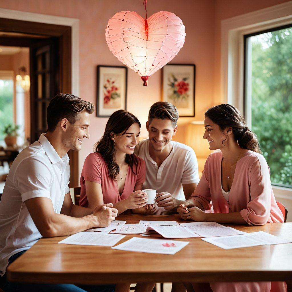A romantic setting depicting two couples reviewing an insurance policy amidst heart-shaped decorations, with symbols of various insurance types like health, home, and auto floating around them. The scene should convey trust and togetherness, with warm colors accentuating their bond. super-realistic. vibrant colors. soft focus.